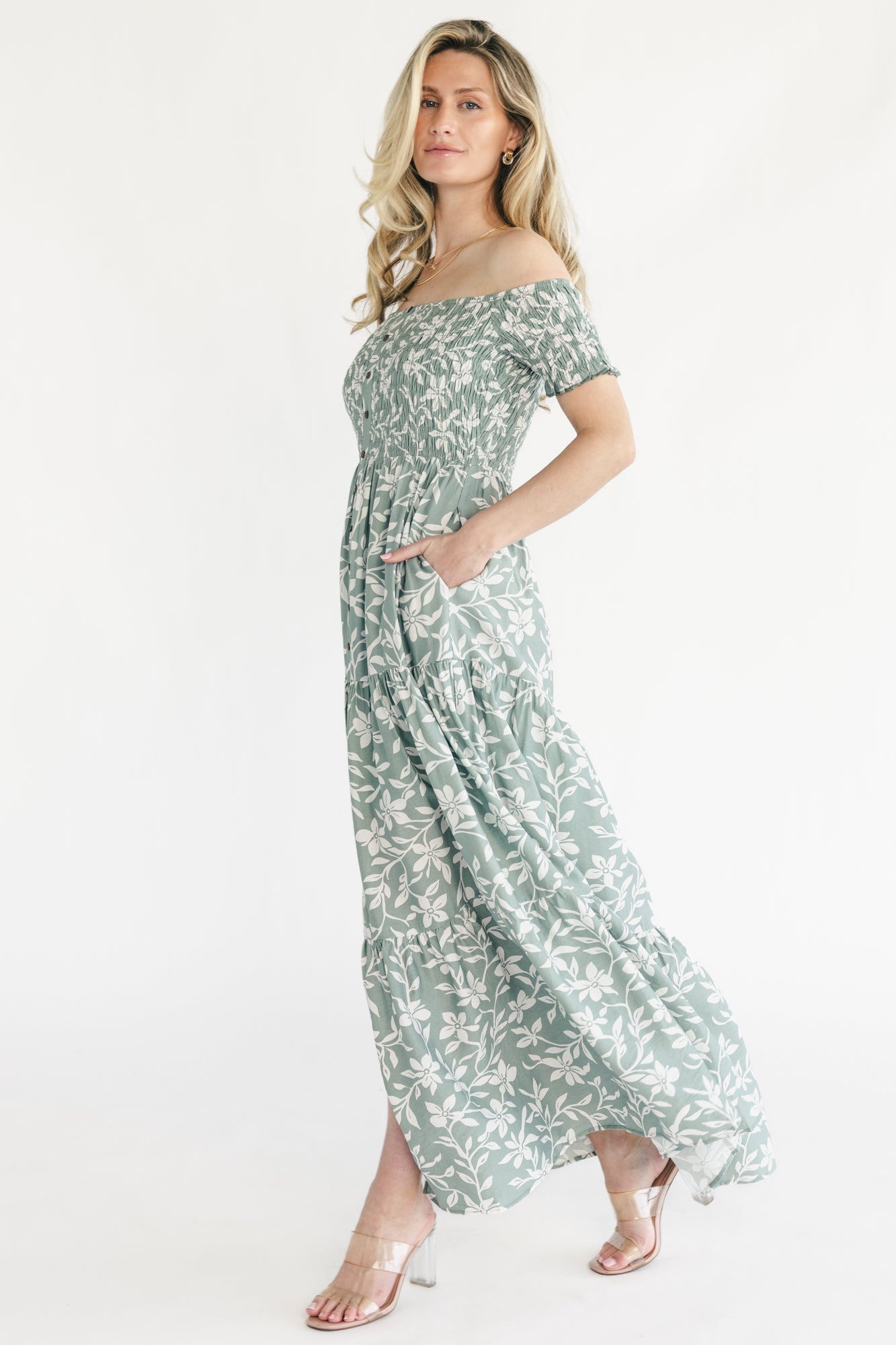 Payton Off Shoulder Maxi Dress | Baltic Born Dusty Sage