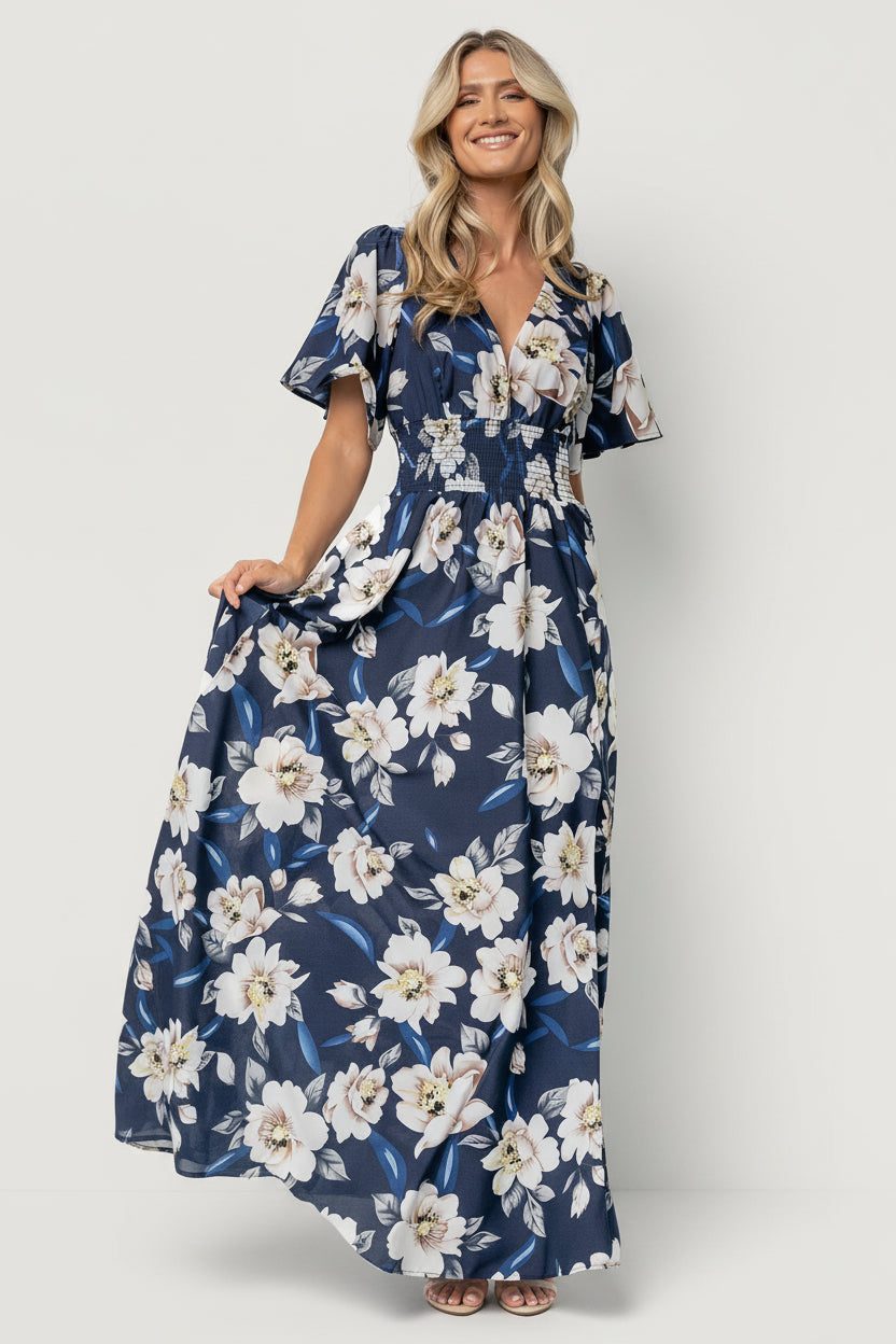Verona Smocked Maxi Dress | Baltic Born Navy + White Floral