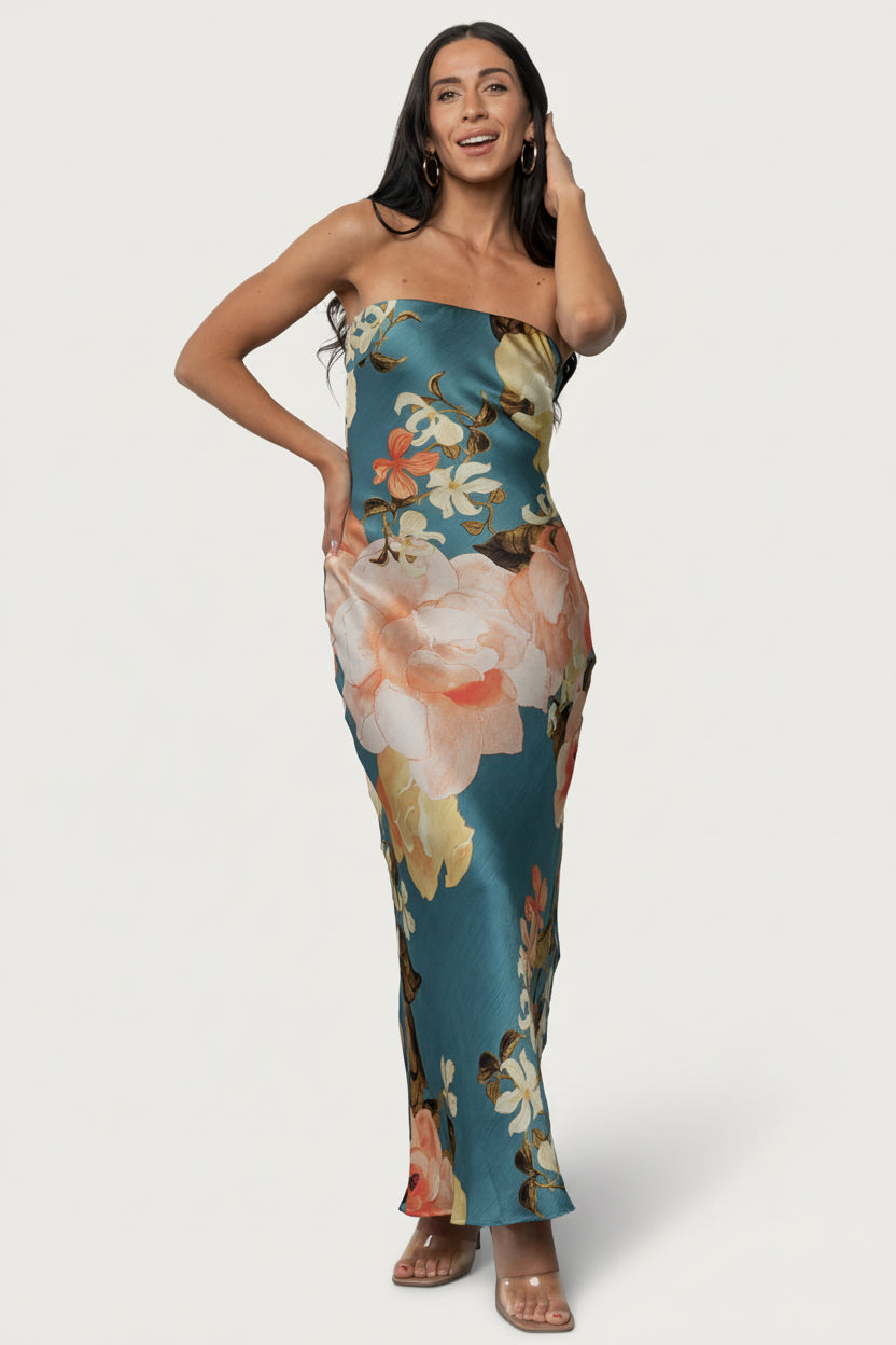 Hermosa Strapless Maxi Dress | Baltic Born Teal Multi Floral