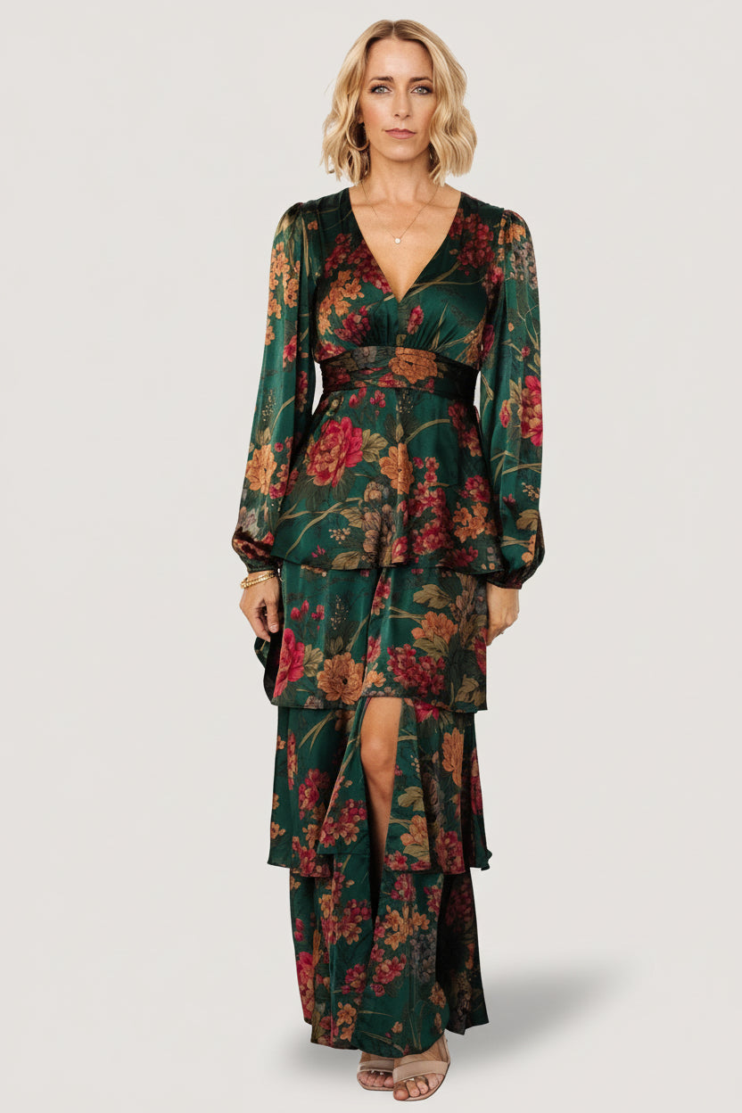 Montrouge Tiered Satin Dress | Baltic Born Emerald Floral