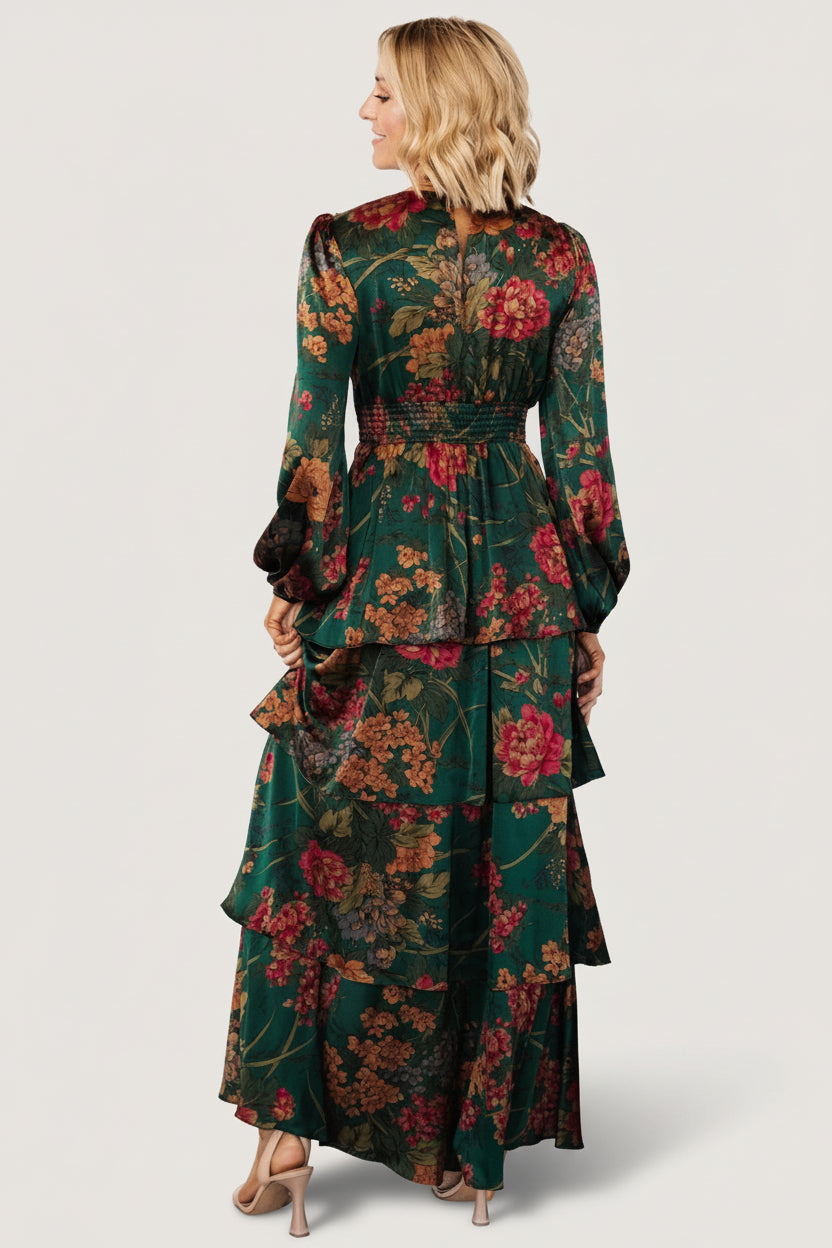 Montrouge Tiered Satin Dress | Baltic Born Emerald Floral