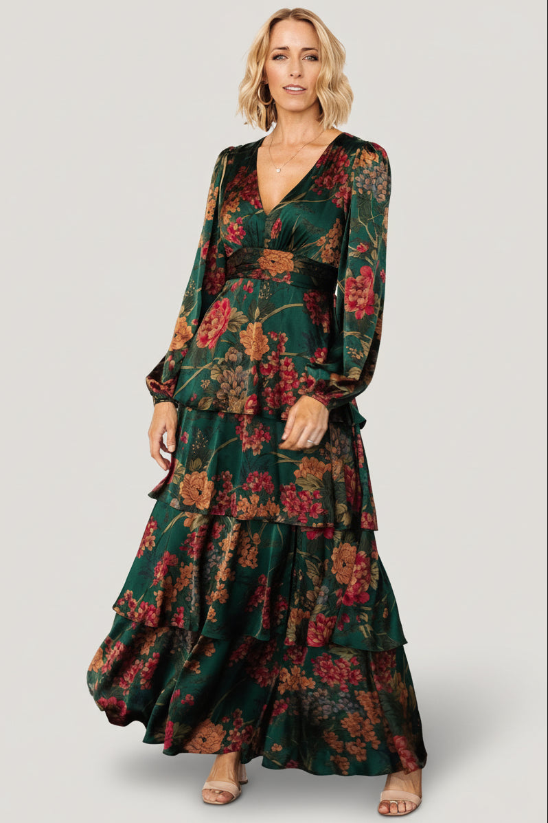 Montrouge Tiered Satin Dress | Baltic Born Emerald Floral