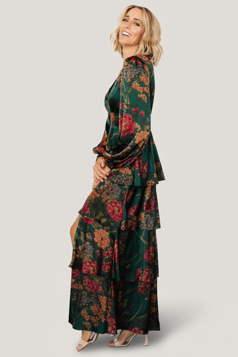 Montrouge Tiered Satin Dress | Baltic Born Emerald Floral