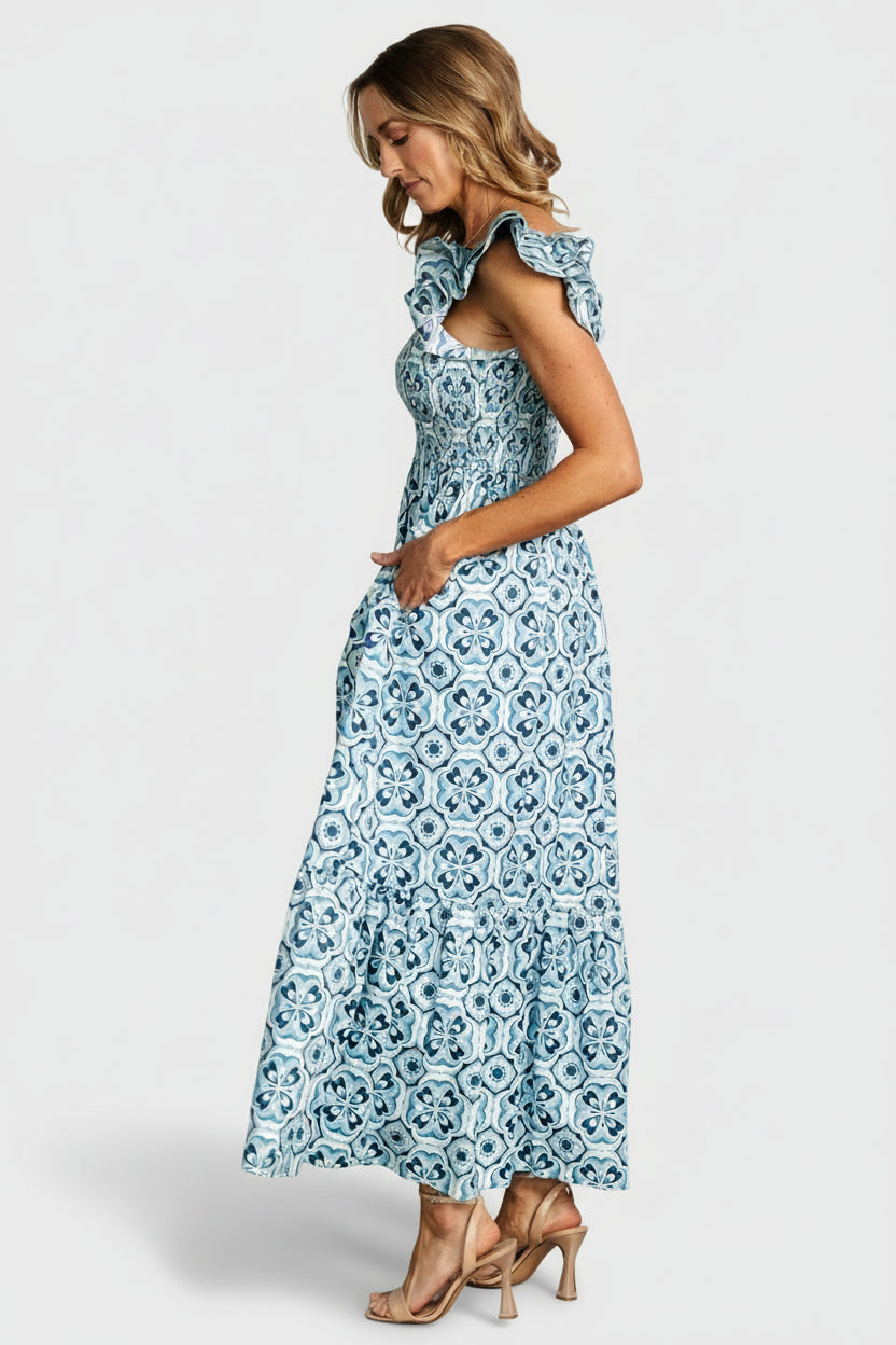 Zoey Smocked Maxi Dress | Baltic Born Blue Print