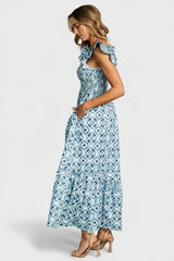 Zoey Smocked Maxi Dress | Baltic Born Blue Print