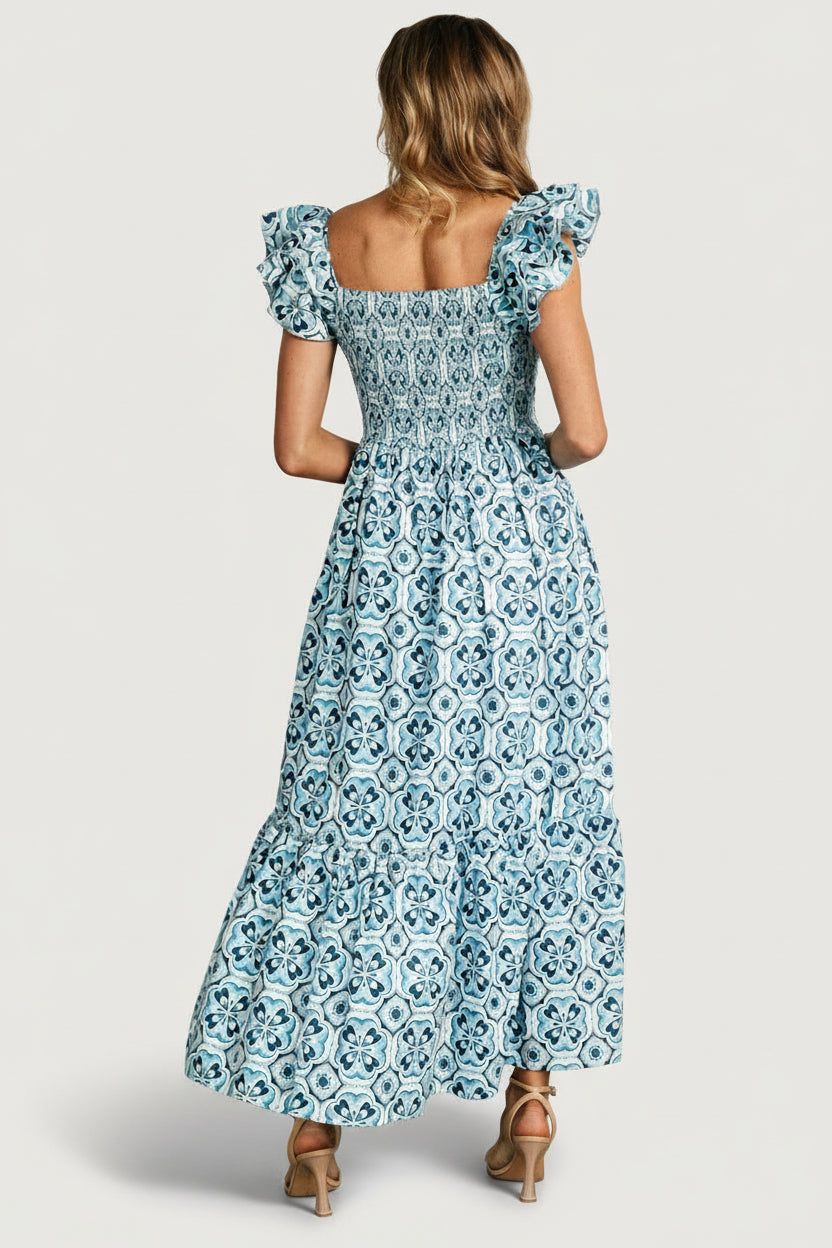 Zoey Smocked Maxi Dress | Baltic Born Blue Print
