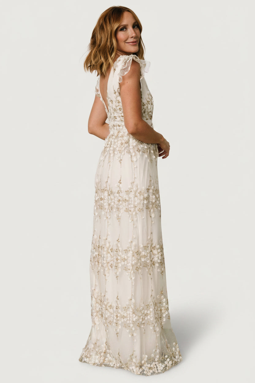Eva Embroidered Maxi Dress | Baltic Born White + Gold