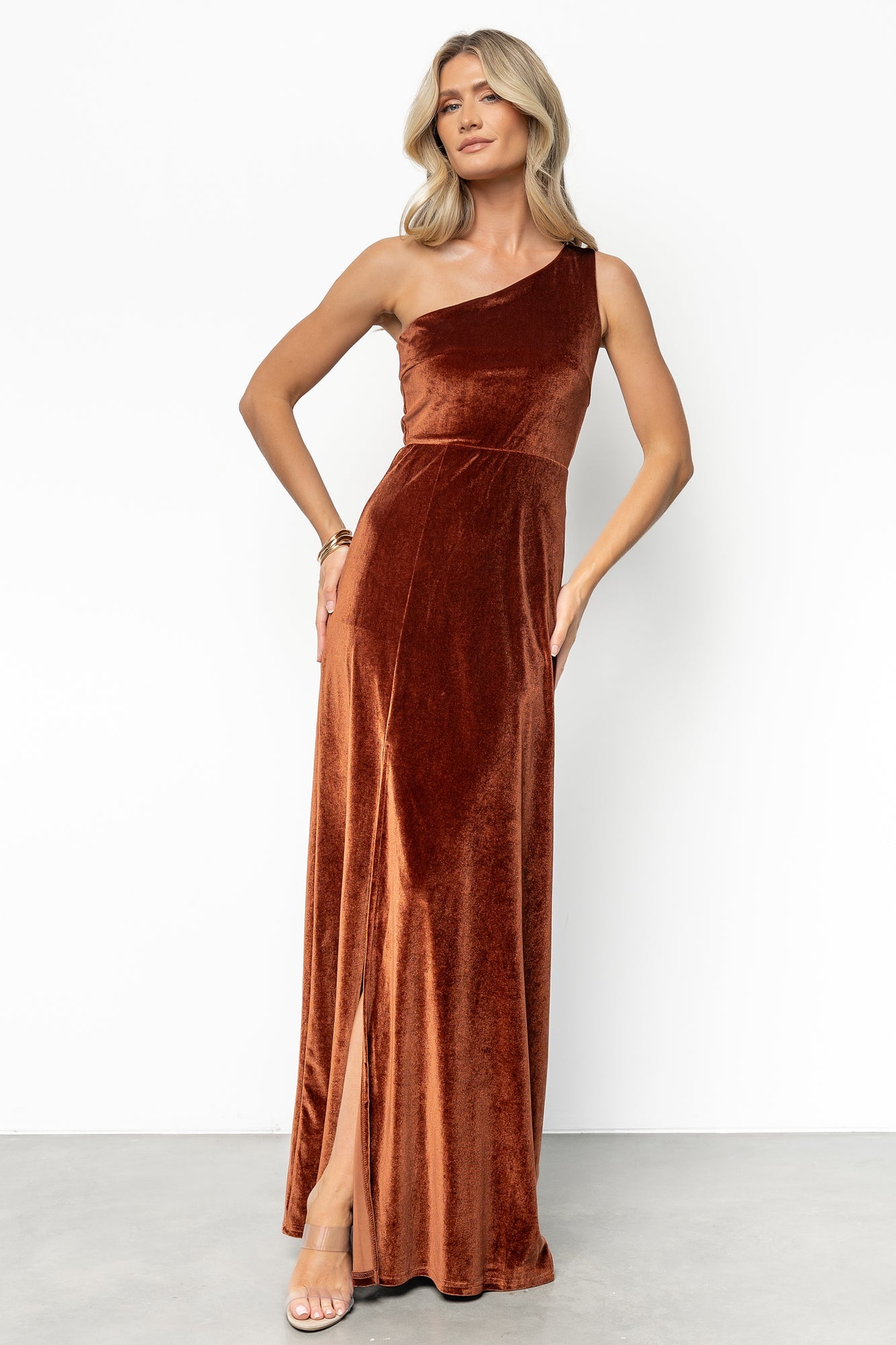 Tatiana Velvet One Shoulder Maxi Dress | Baltic Born Bronze