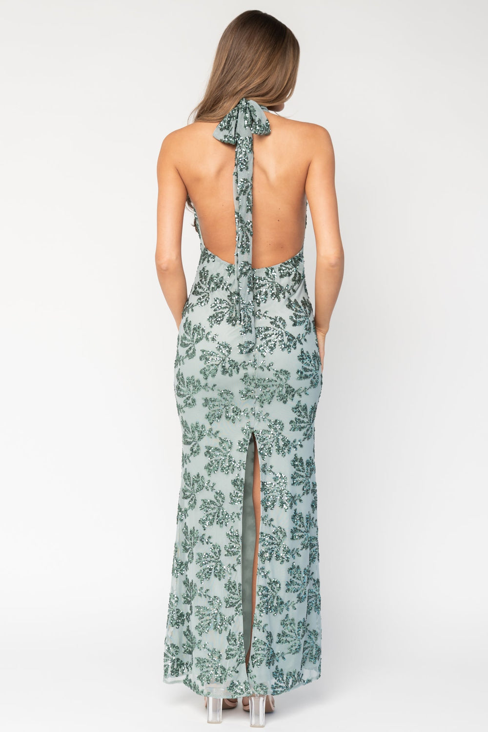 Gabriella Sequin Halter Gown | Baltic Born Eucalyptus