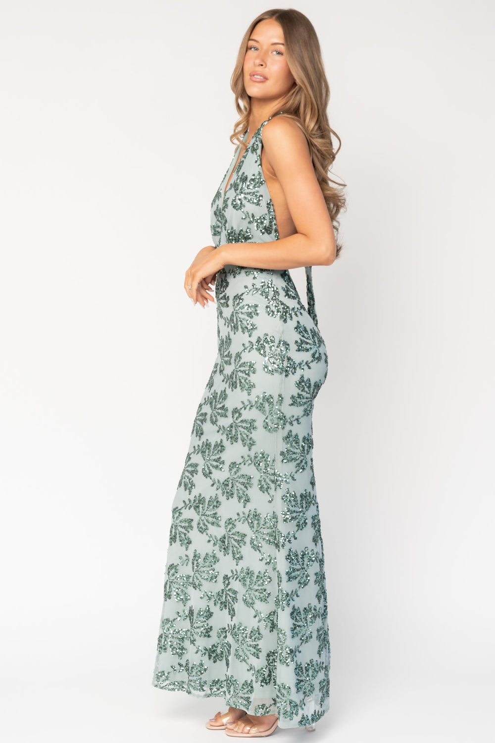 Gabriella Sequin Halter Gown | Baltic Born Eucalyptus