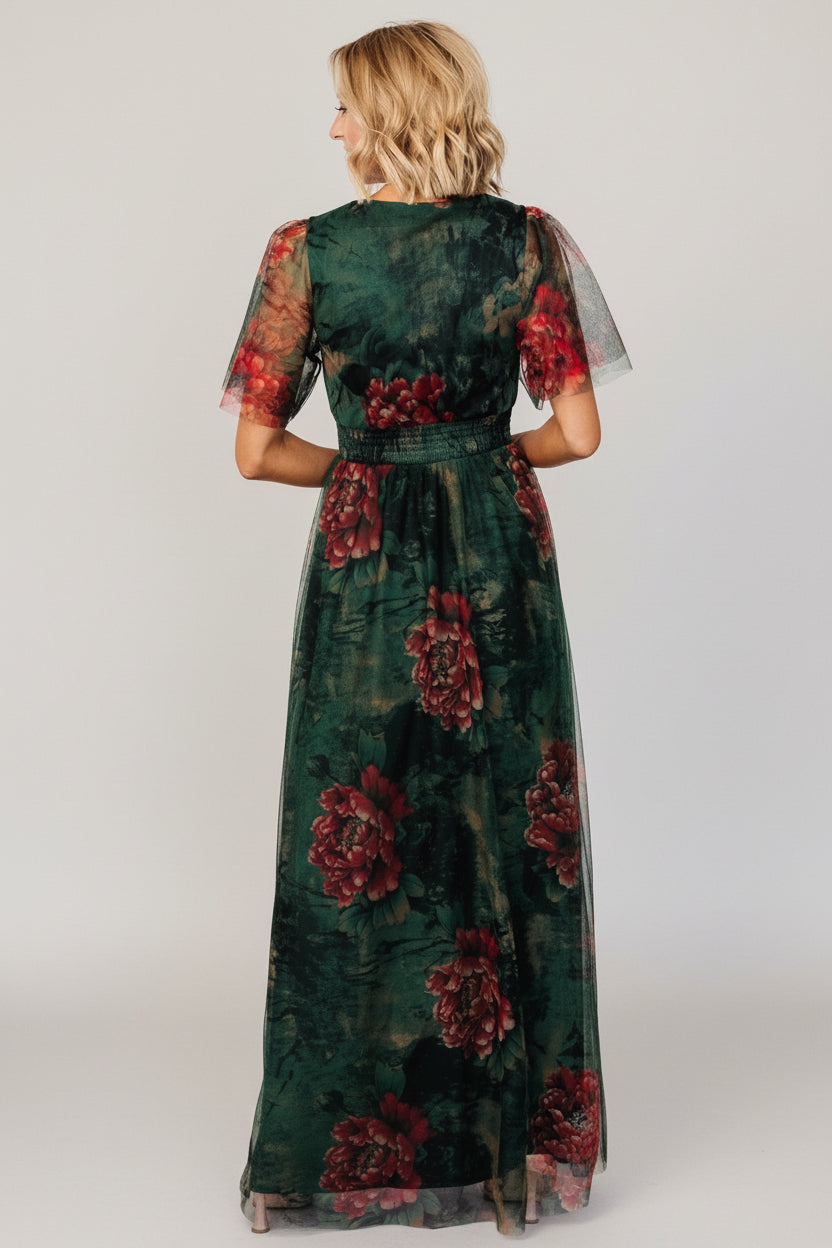 Cressida Tulle Maxi Dress | Baltic Born Dark Green + Red Floral