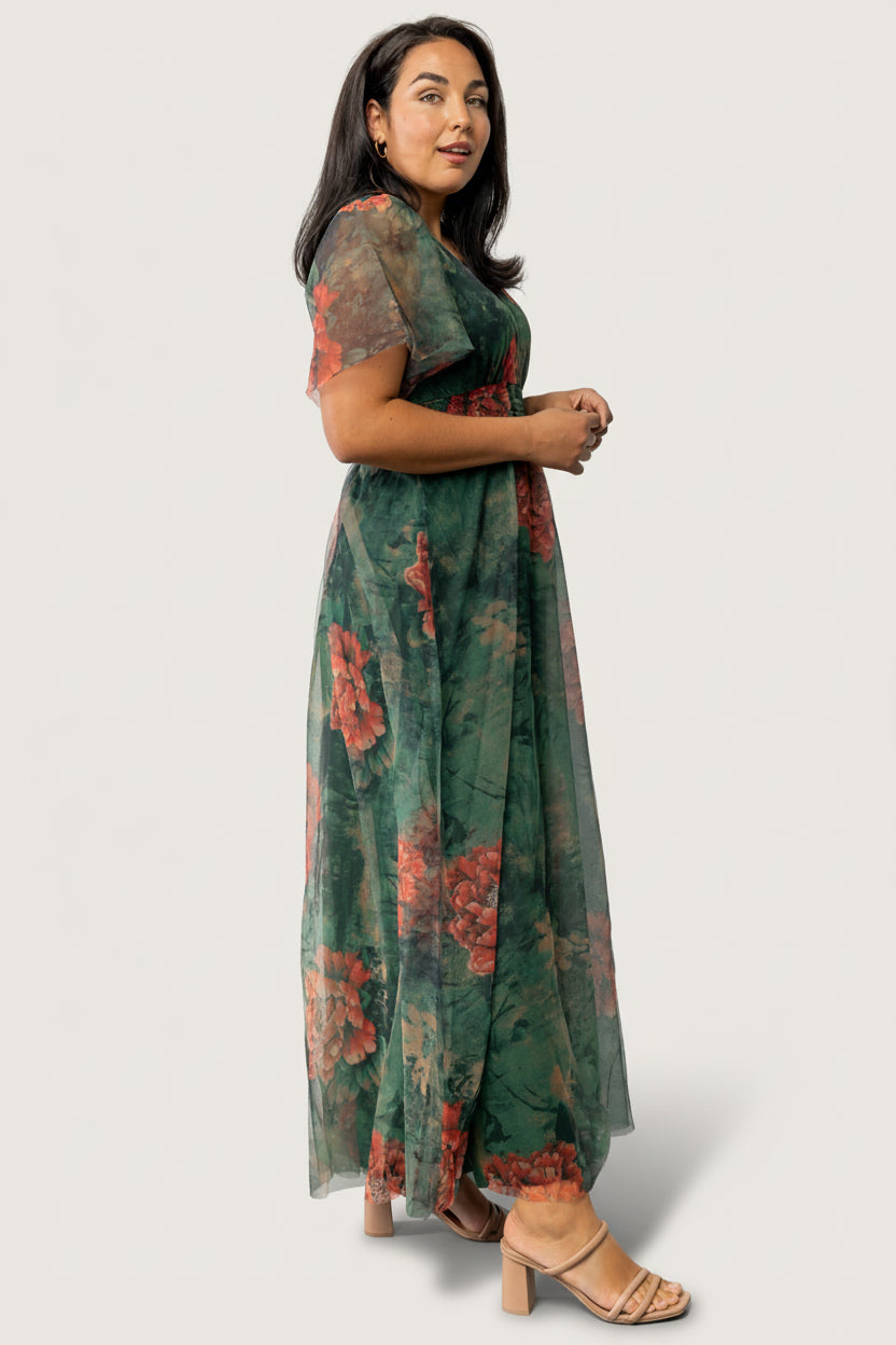 Cressida Tulle Maxi Dress | Baltic Born Dark Green + Red Floral