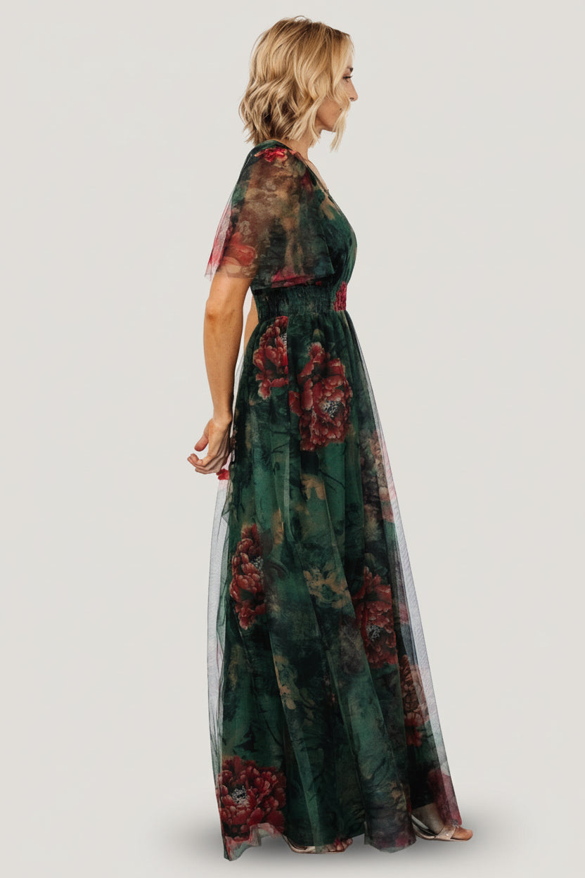 Cressida Tulle Maxi Dress | Baltic Born Dark Green + Red Floral
