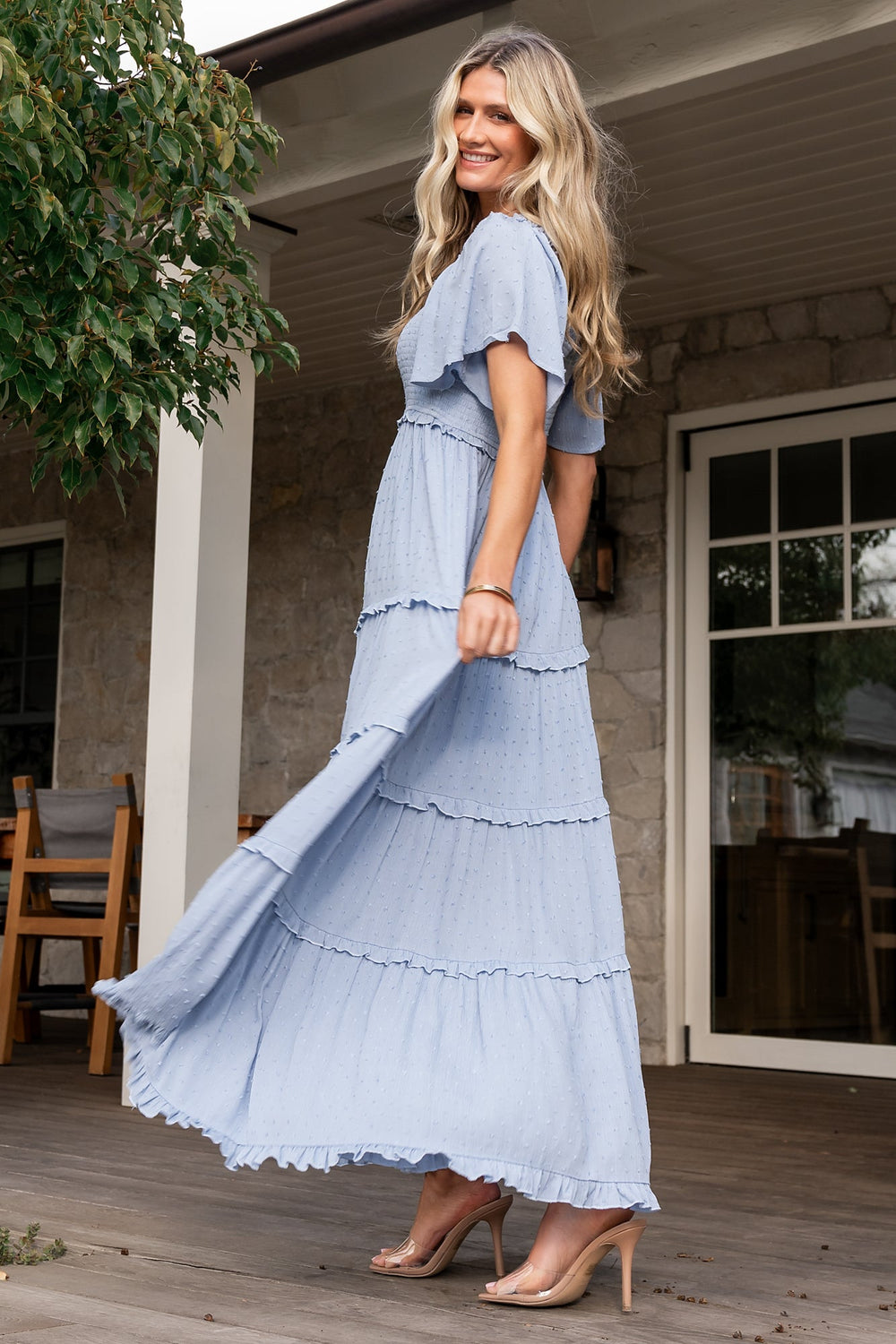 Lenora Smocked Dotted Maxi Dress | Baltic Born Dusty Blue