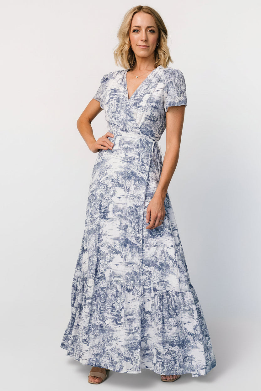 Dulce Wrap Maxi Dress | Baltic Born White + Blue Print