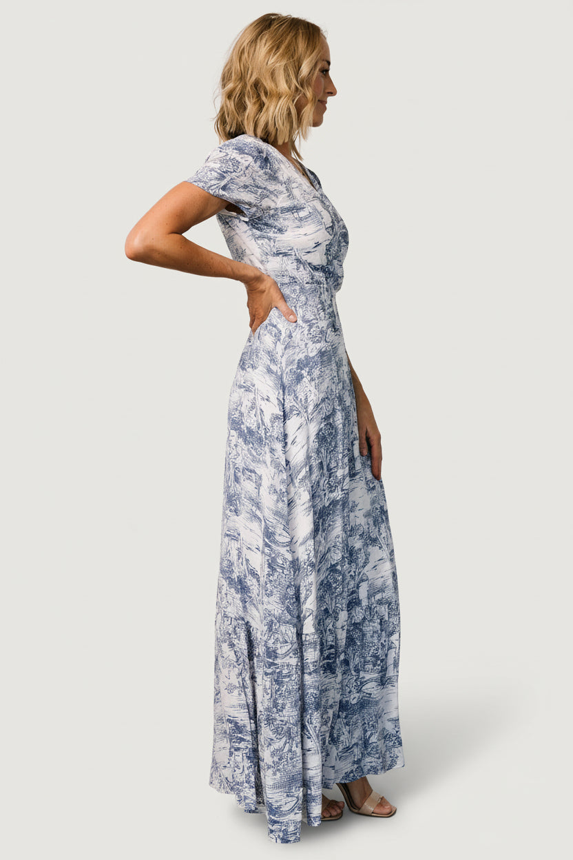 Dulce Wrap Maxi Dress | Baltic Born White + Blue Print
