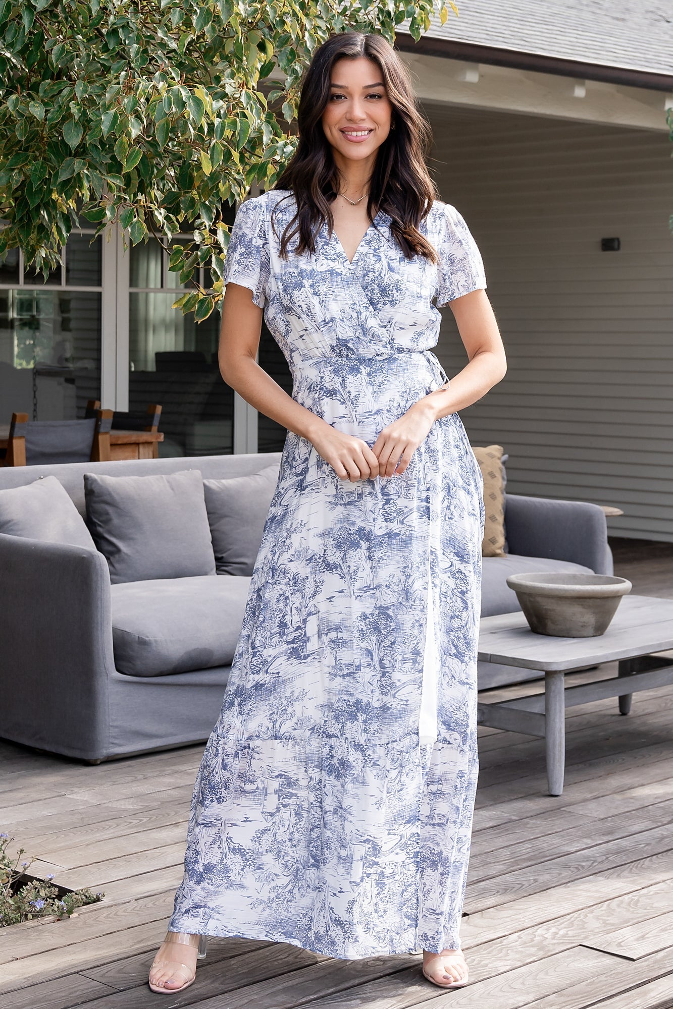 Dulce Wrap Maxi Dress | Baltic Born White + Blue Print