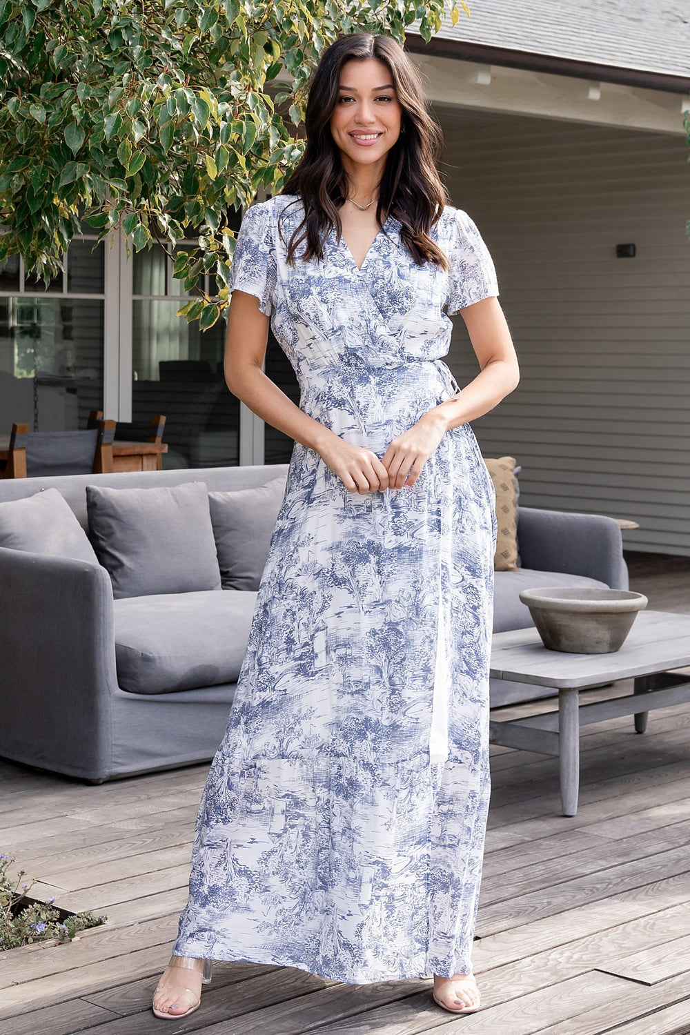 Dulce Wrap Maxi Dress | Baltic Born White + Blue Print