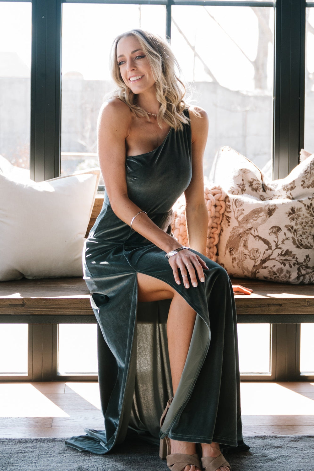 Tatiana Velvet One Shoulder Maxi Dress | Baltic Born Eucalyptus