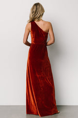Tatiana Velvet One Shoulder Maxi Dress | Baltic Born Rust