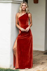 Tatiana Velvet One Shoulder Maxi Dress | Baltic Born Rust