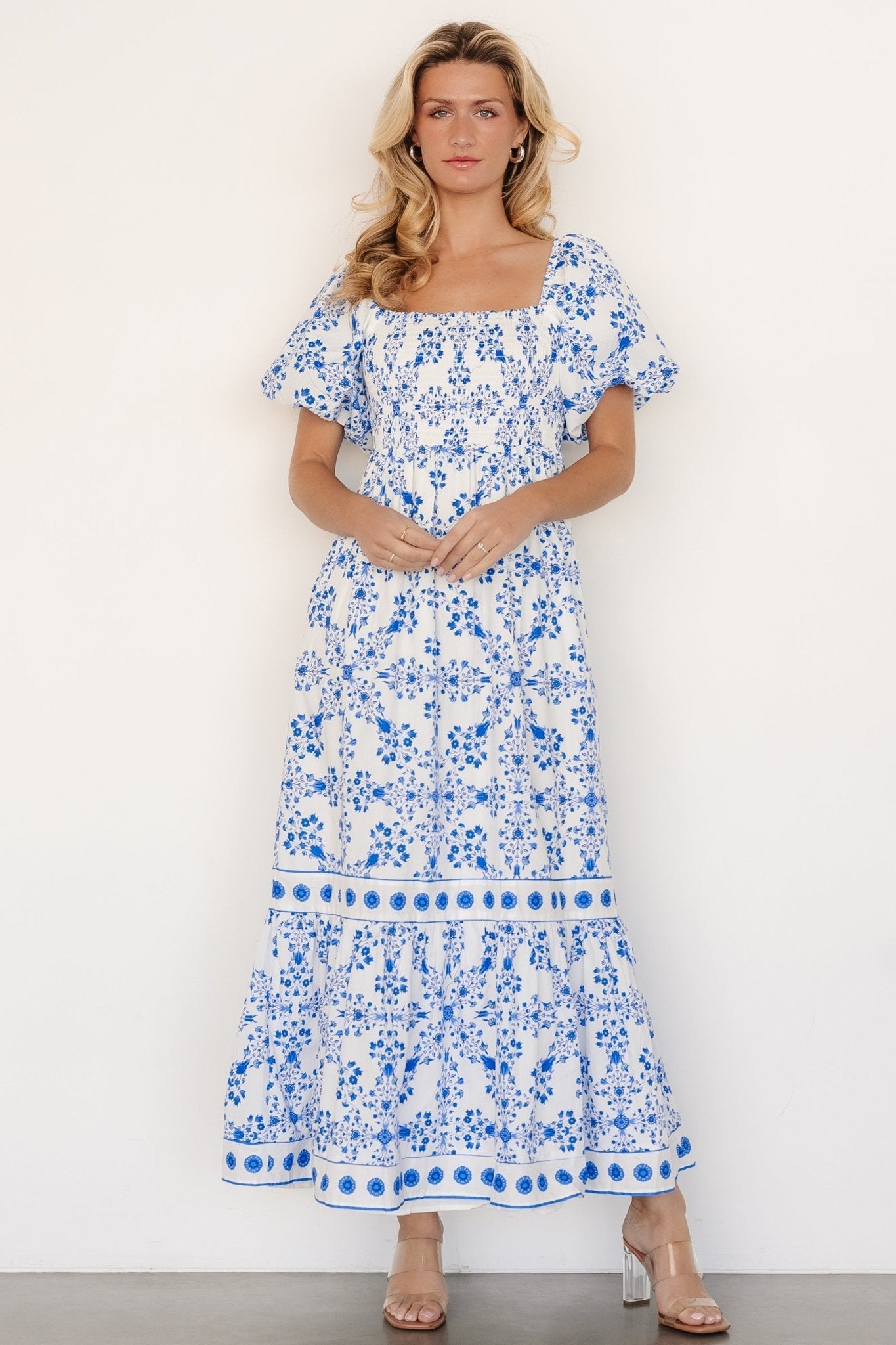 Lexa Smocked Maxi Dress | Baltic Born Off White + Blue Floral