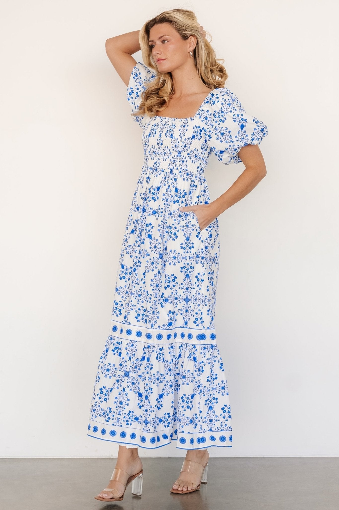 Lexa Smocked Maxi Dress | Baltic Born Off White + Blue Floral