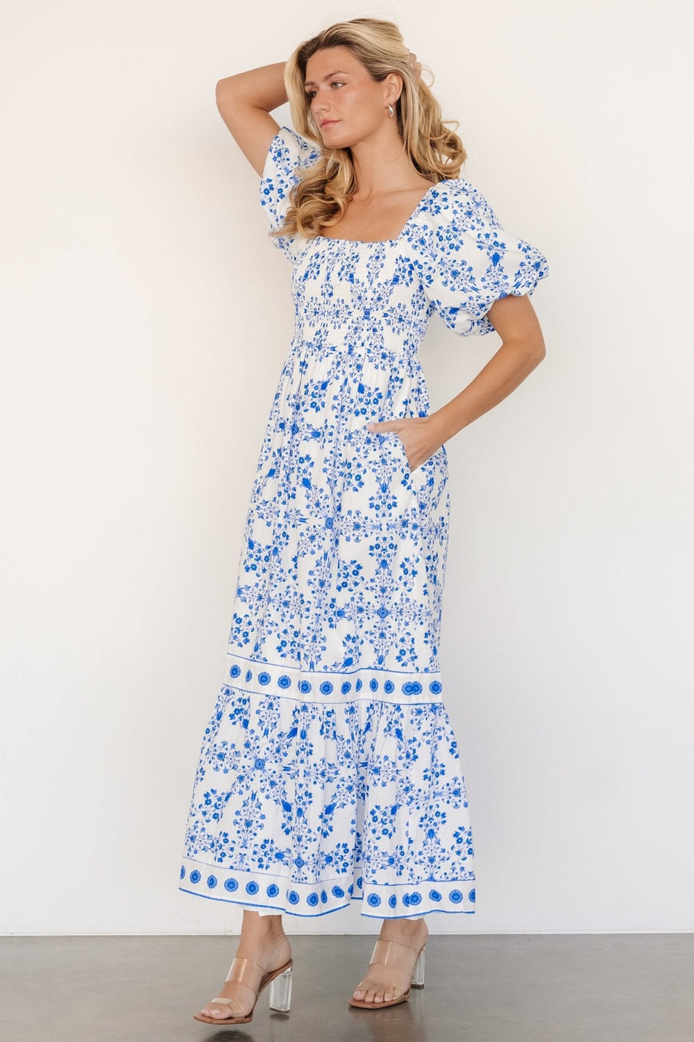Lexa Smocked Maxi Dress | Baltic Born Off White + Blue Floral