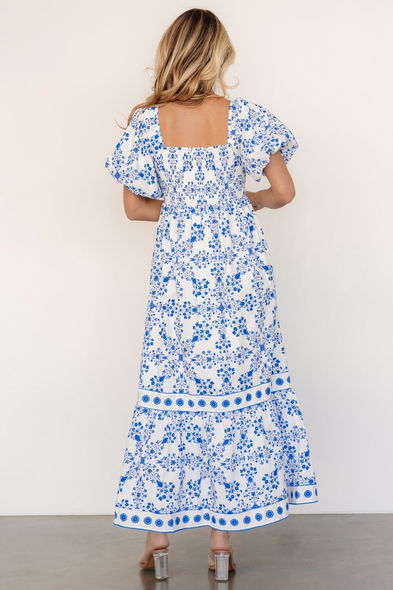Lexa Smocked Maxi Dress | Baltic Born Off White + Blue Floral