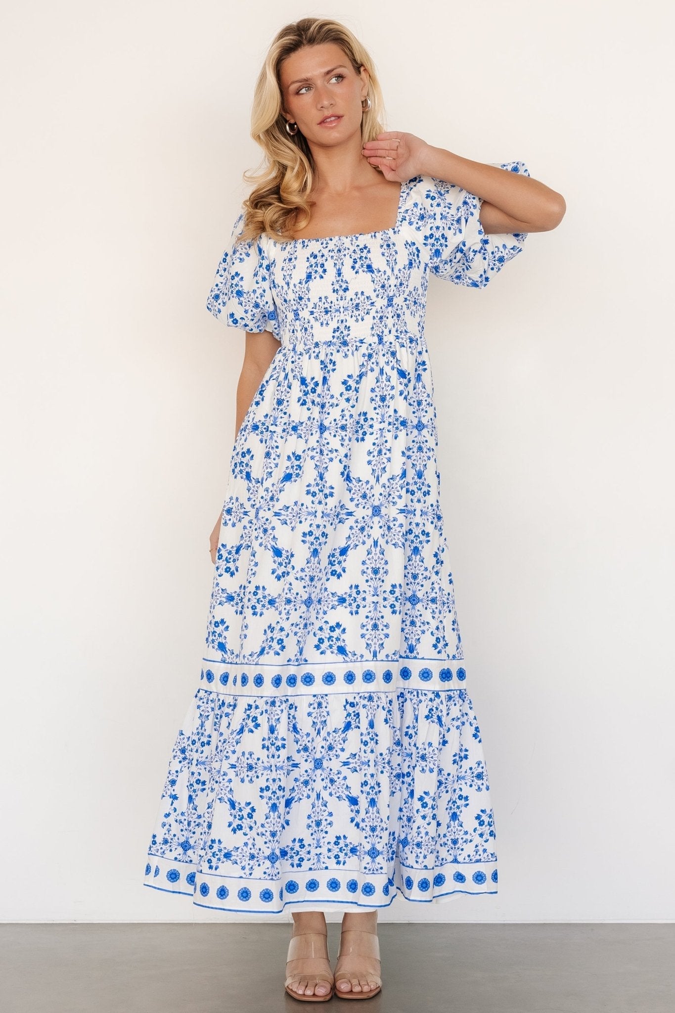 Lexa Smocked Maxi Dress | Baltic Born Off White + Blue Floral
