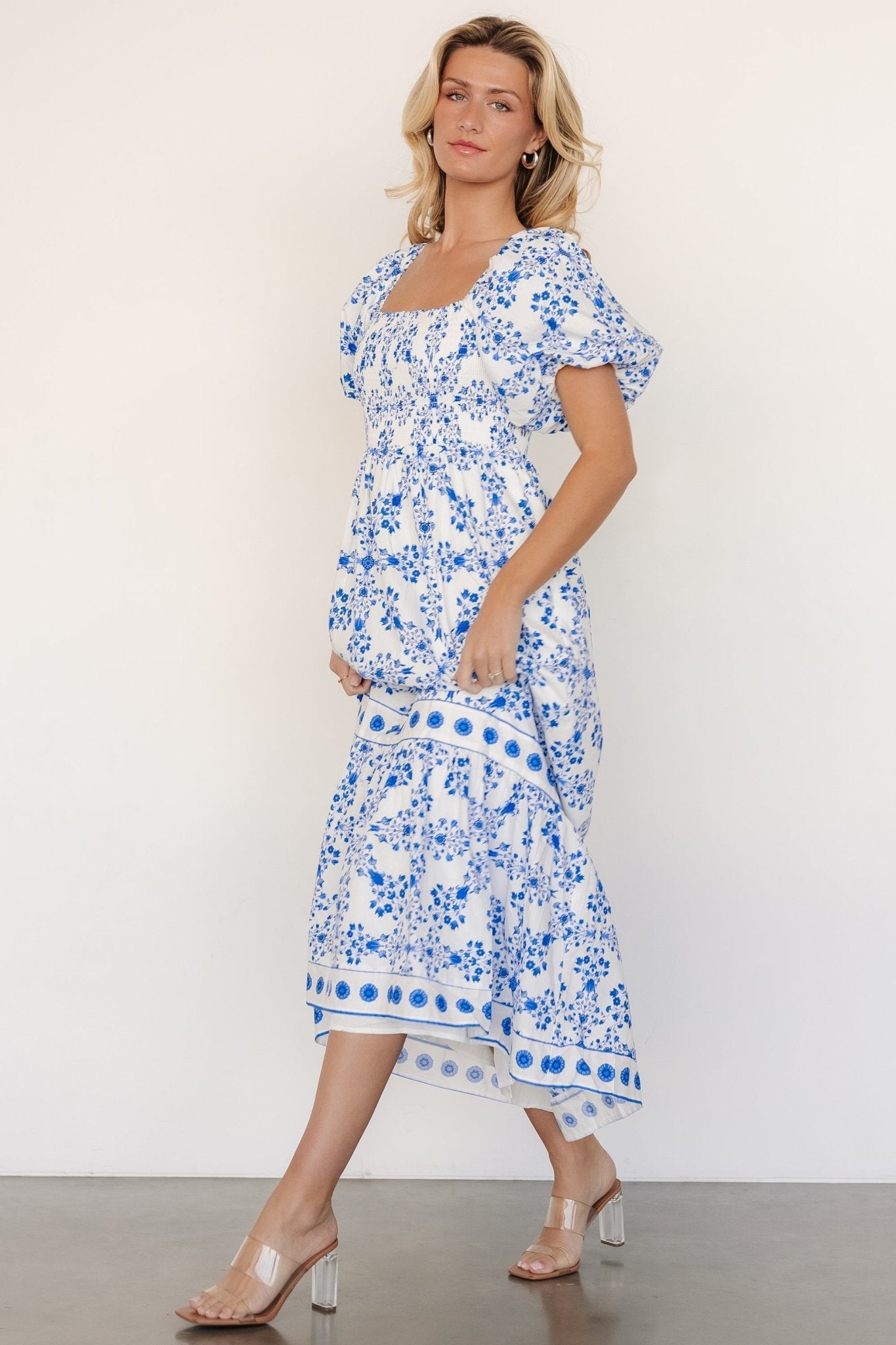 Lexa Smocked Maxi Dress | Baltic Born Off White + Blue Floral