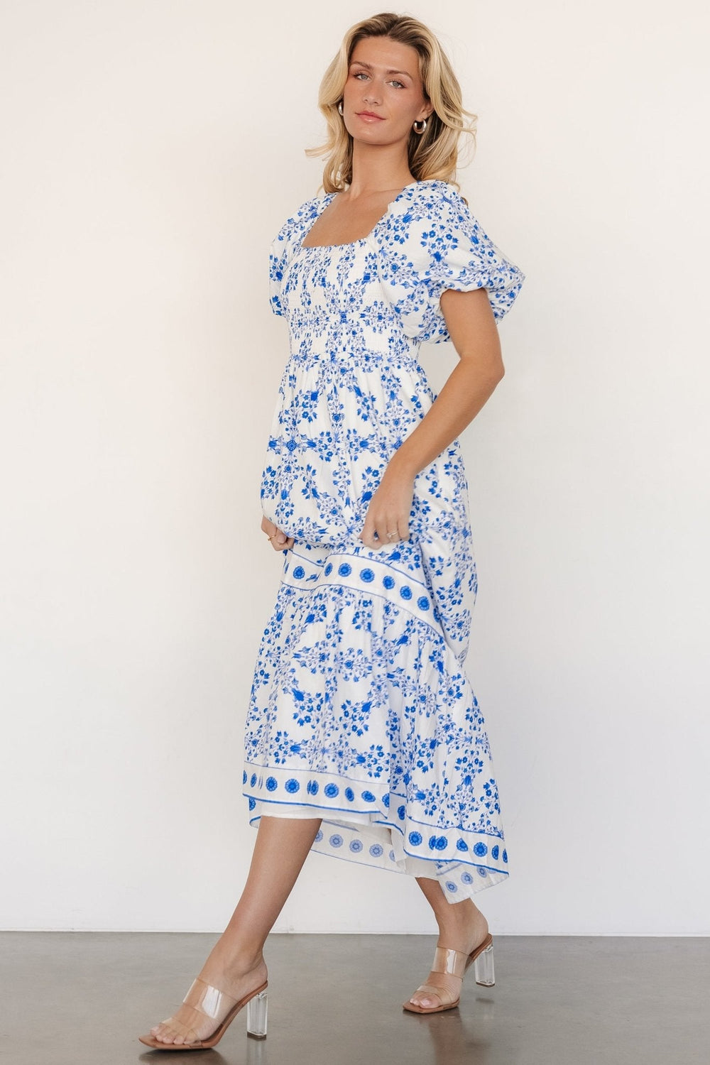 Lexa Smocked Maxi Dress | Baltic Born Off White + Blue Floral