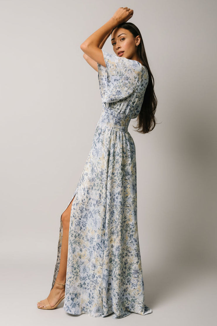 Verona Smocked Maxi Dress | Baltic Born White + Blue Print