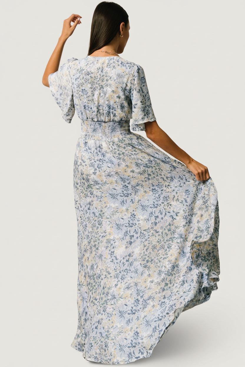 Verona Smocked Maxi Dress | Baltic Born White + Blue Print
