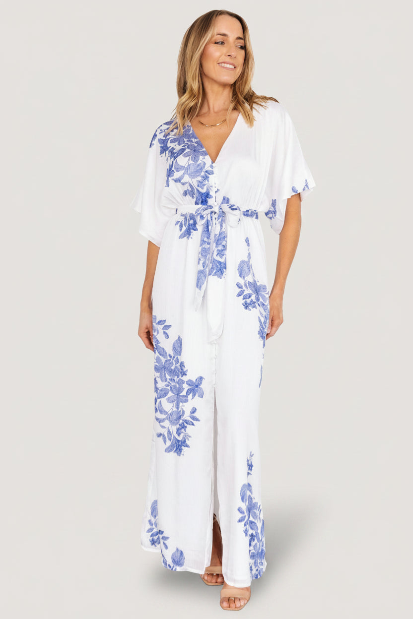 Florina Kimono Maxi Dress | Baltic Born White + Blue