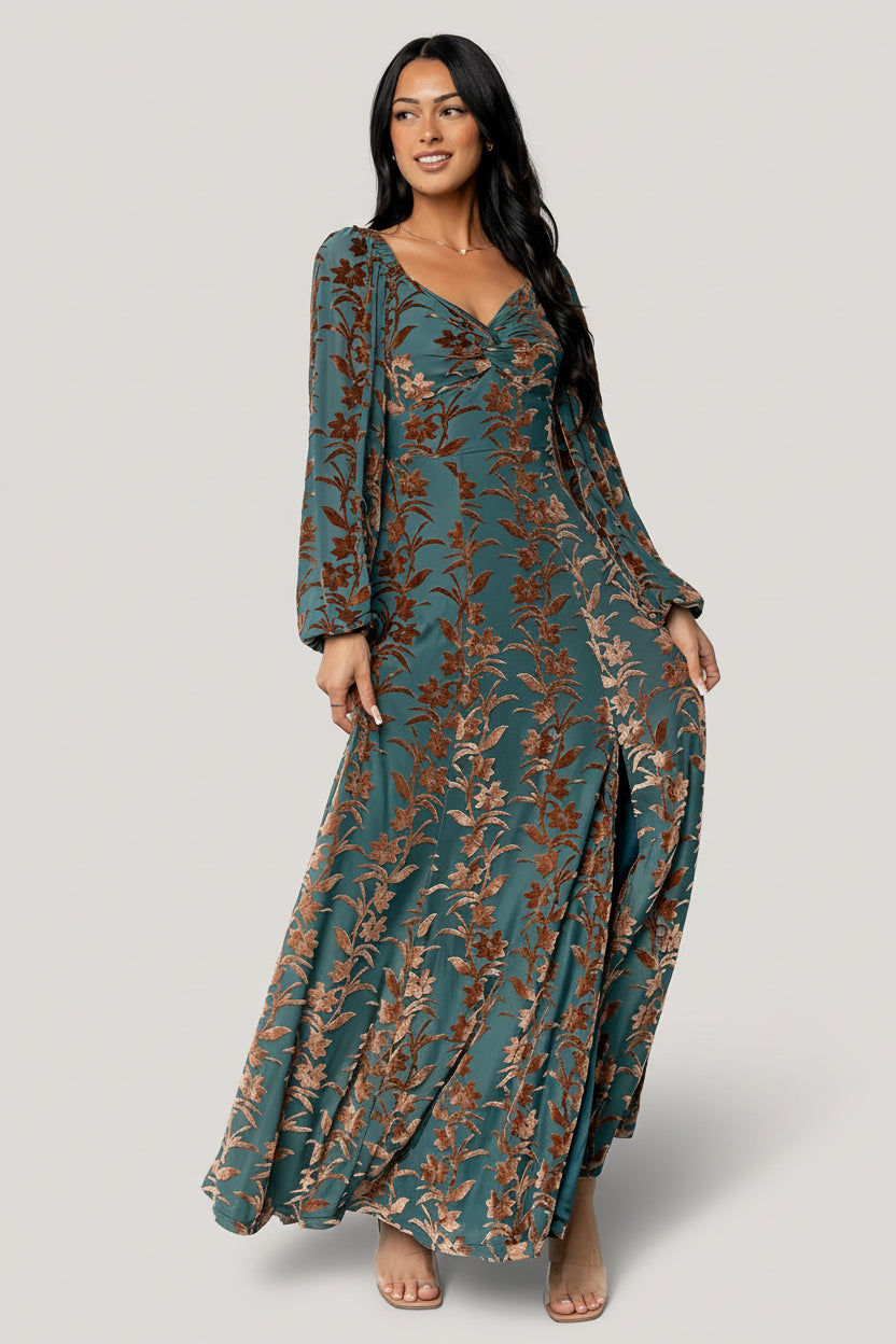 Aurora Velvet Maxi Dress | Baltic Born Jade + Bronze Floral