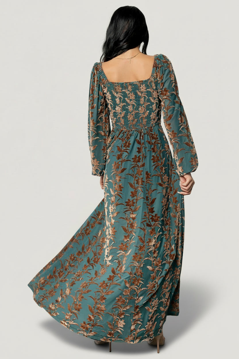 Aurora Velvet Maxi Dress | Baltic Born Jade + Bronze Floral