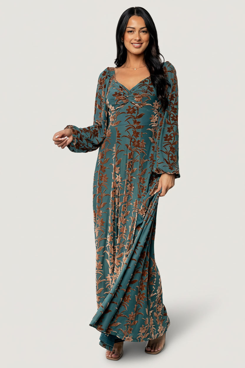 Aurora Velvet Maxi Dress | Baltic Born Jade + Bronze Floral