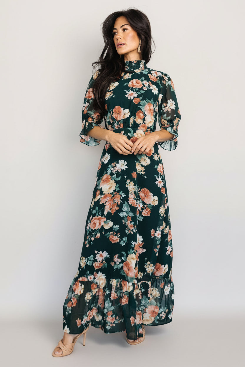 Marie Mock Neck Maxi Dress | Baltic Born Dark Green Floral
