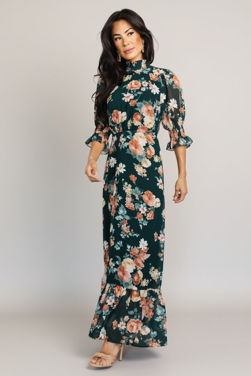 Marie Mock Neck Maxi Dress | Baltic Born Dark Green Floral