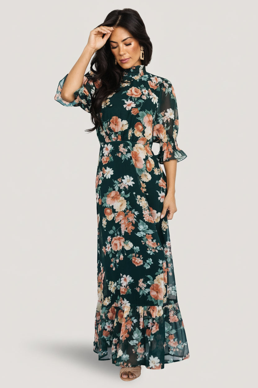 Marie Mock Neck Maxi Dress | Baltic Born Dark Green Floral