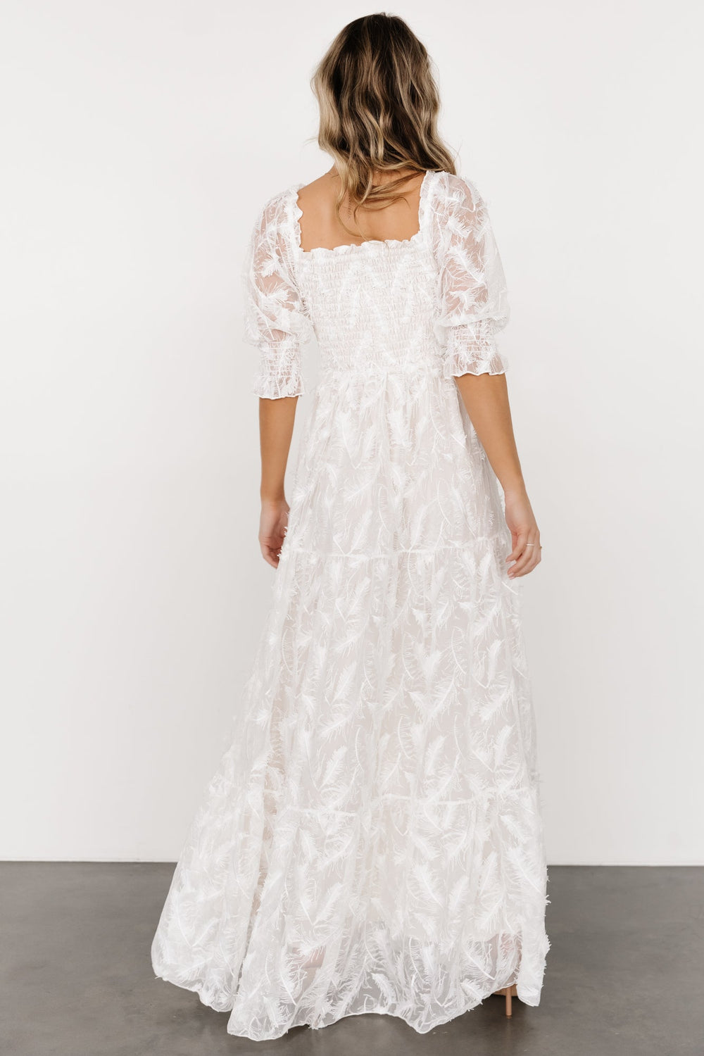 Paloma Smocked Feather Maxi Dress | Baltic Born Off White