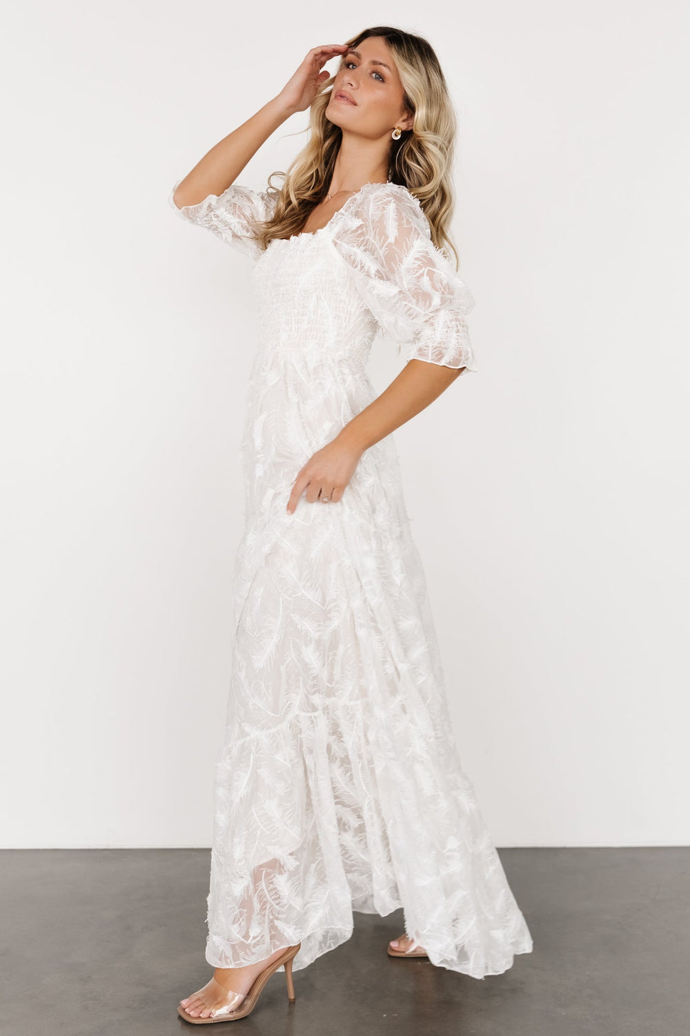 Paloma Smocked Feather Maxi Dress | Baltic Born Off White