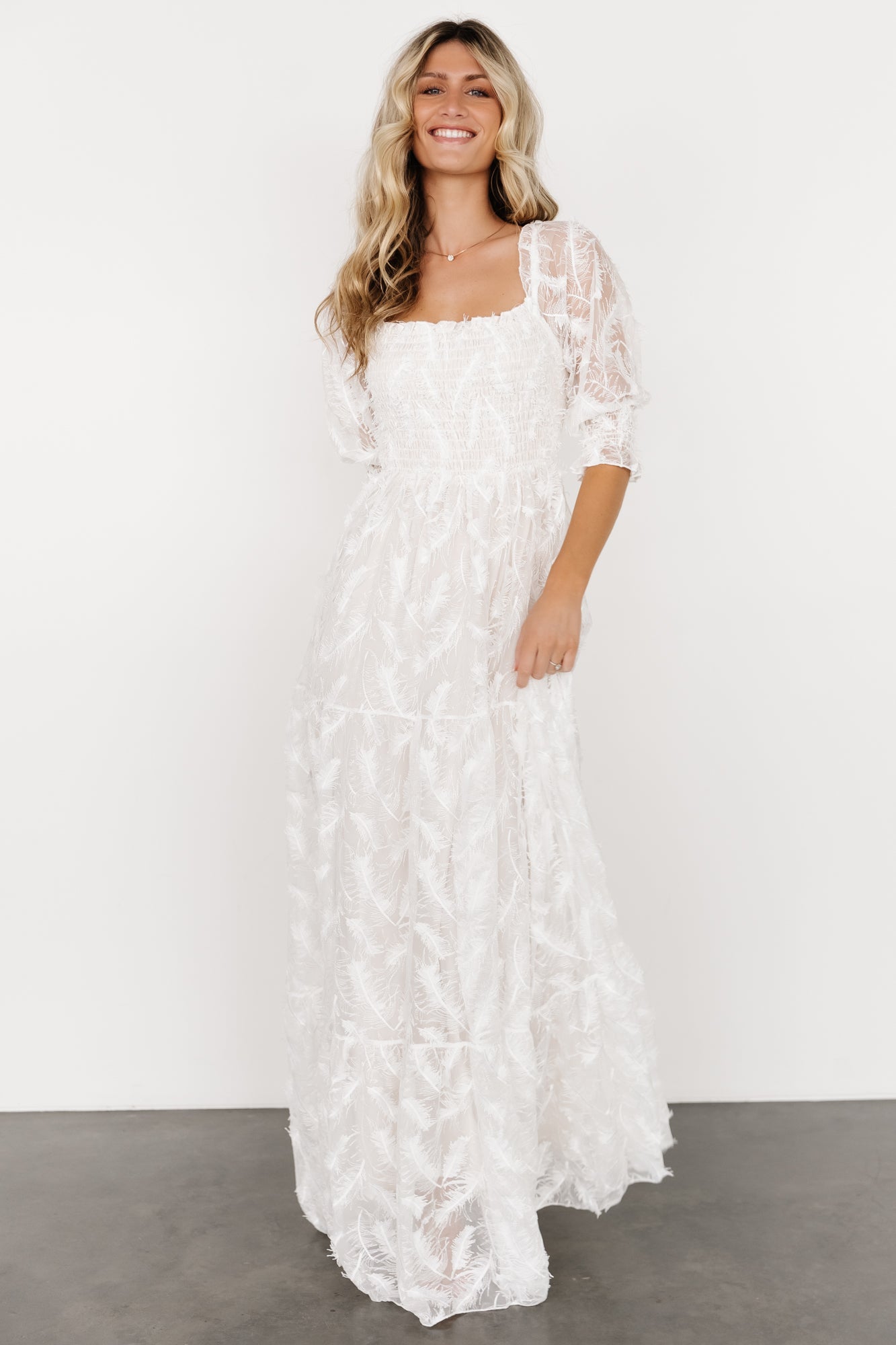 Paloma Smocked Feather Maxi Dress | Baltic Born Off White
