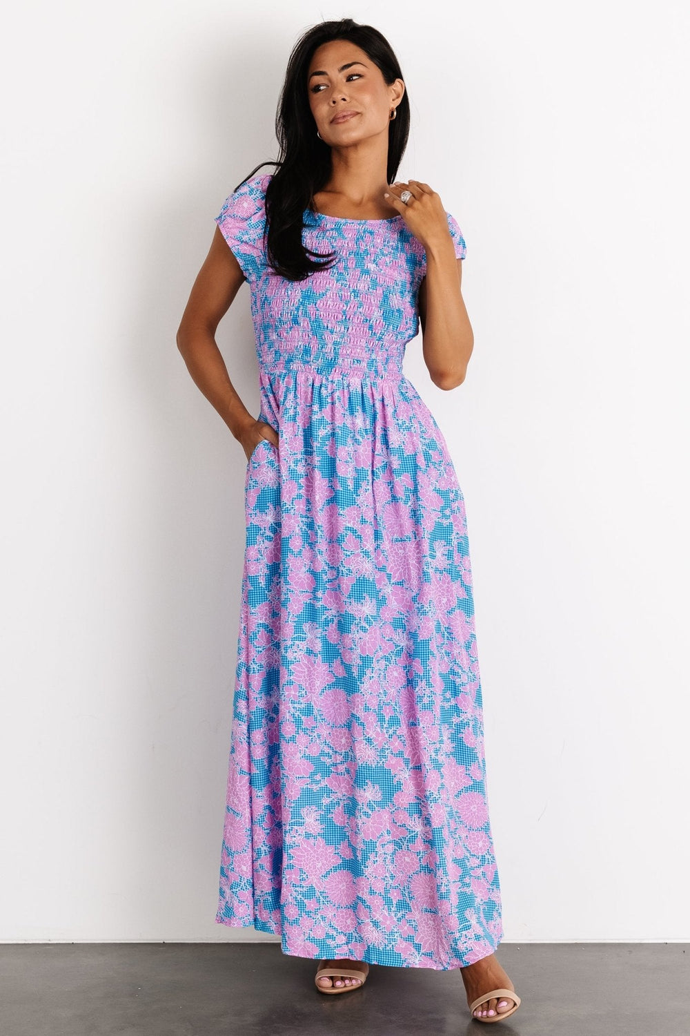 Tabitha Open Back Maxi Dress | Baltic Born Blue + Pink