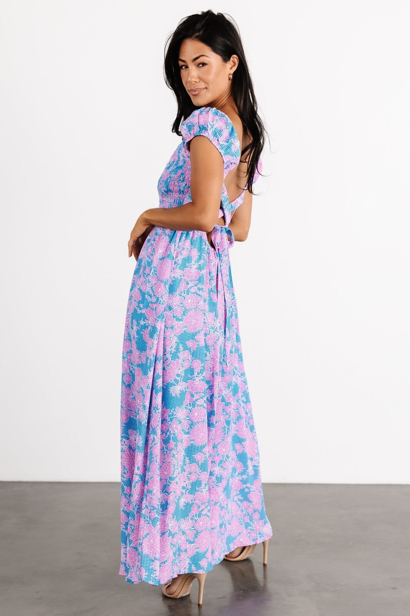 Tabitha Open Back Maxi Dress | Baltic Born Blue + Pink