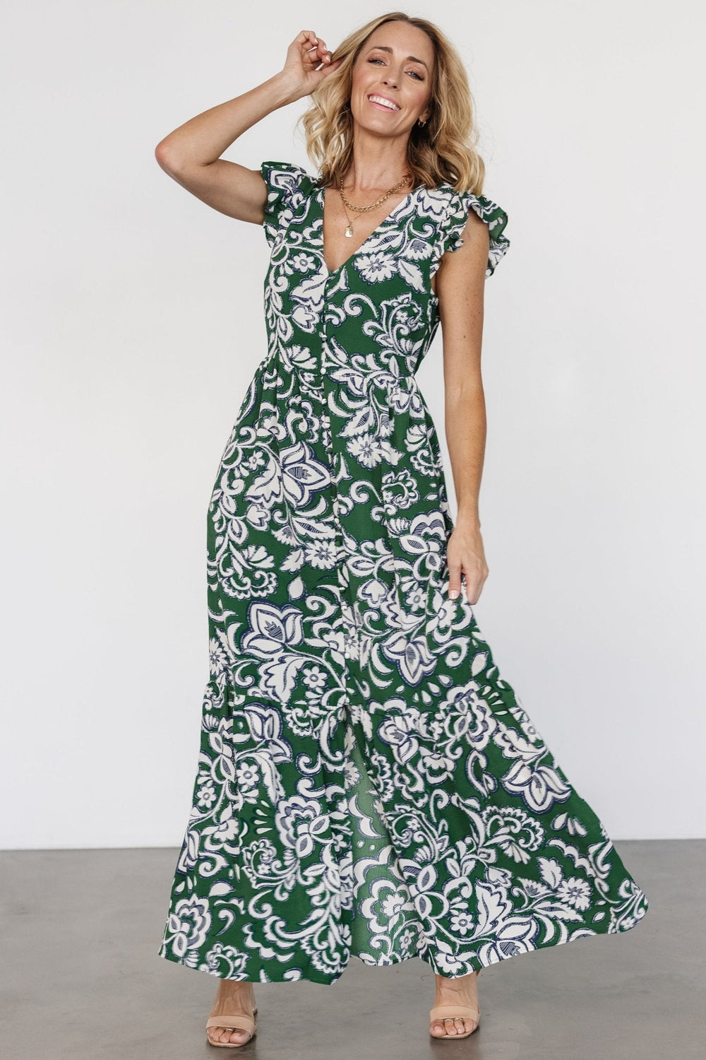 Kaia Button Maxi Dress | Baltic Born Green Print