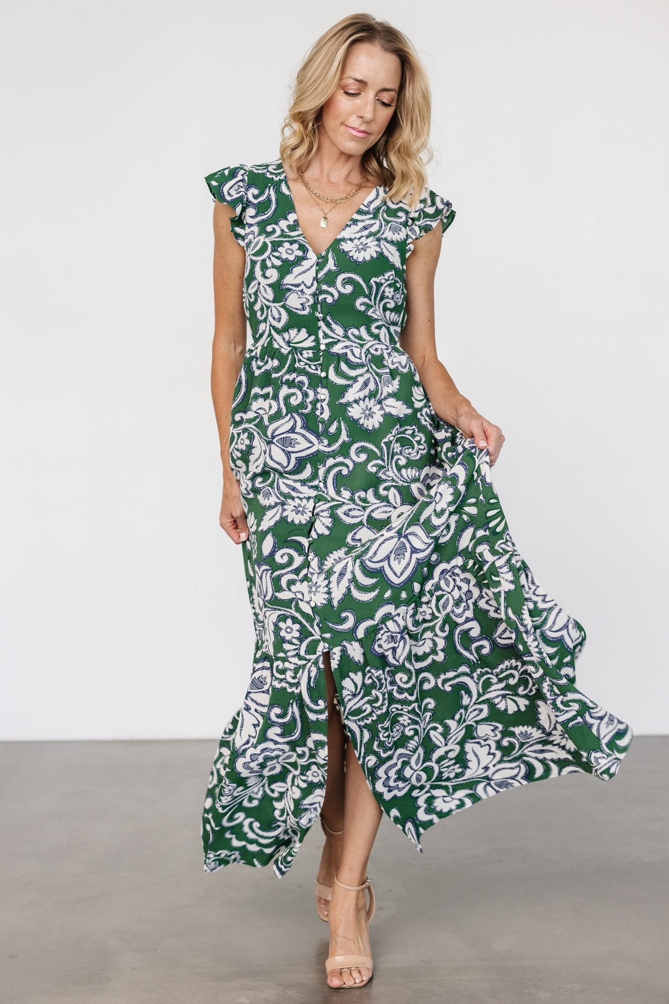 Kaia Button Maxi Dress | Baltic Born Green Print