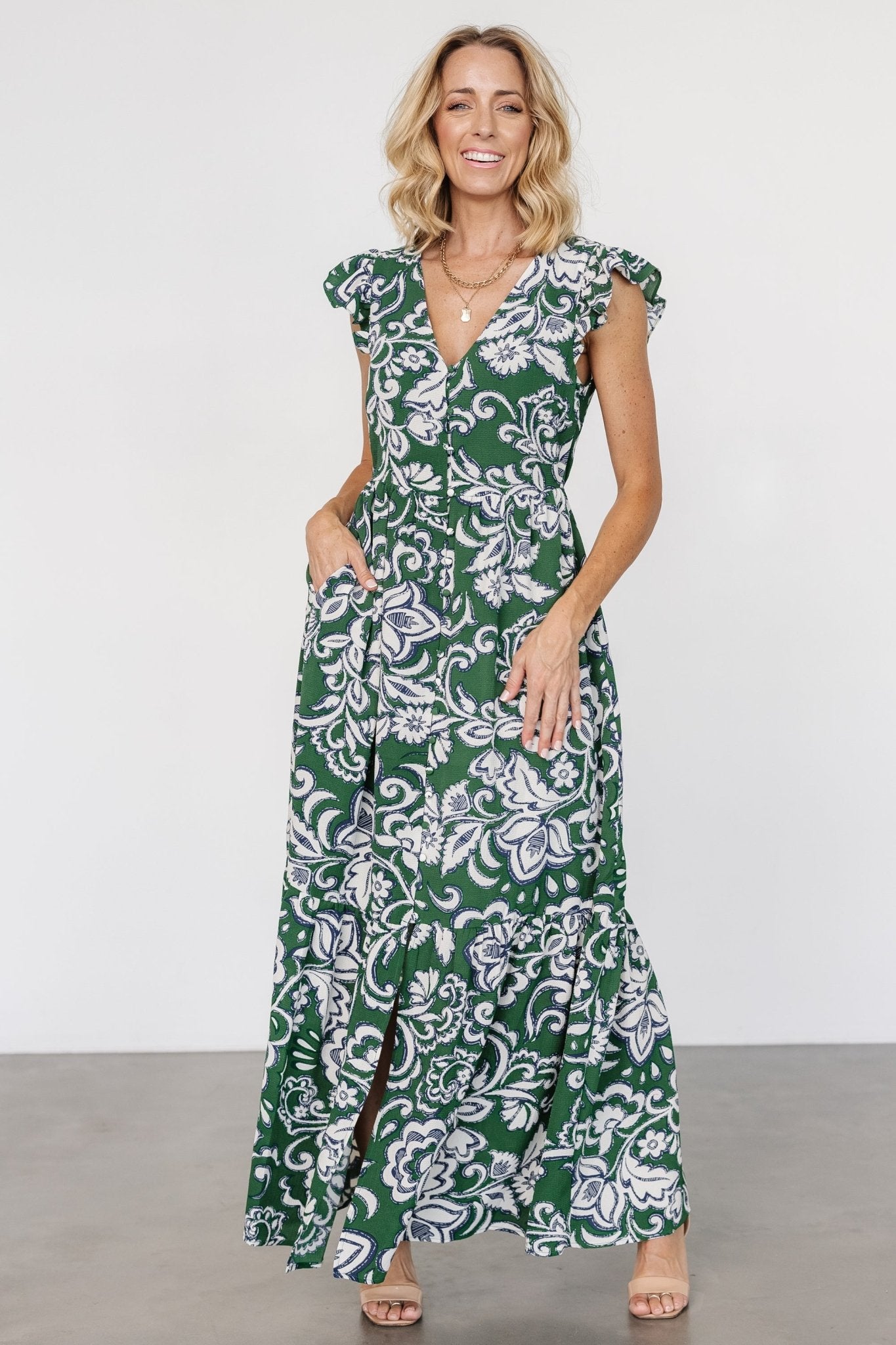 Kaia Button Maxi Dress | Baltic Born Green Print