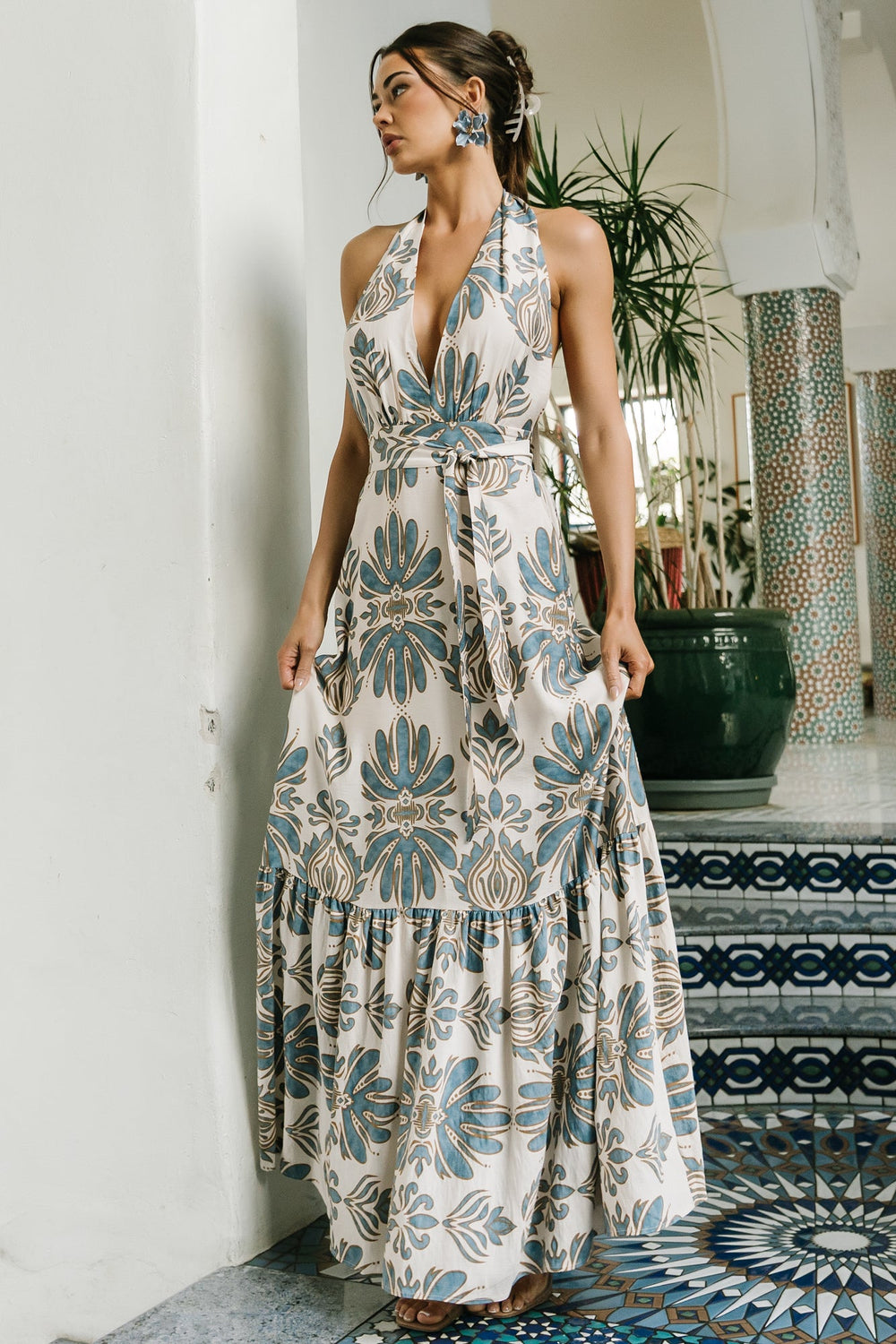 Estrella Halter Maxi Dress | Baltic Born Navy + Tan